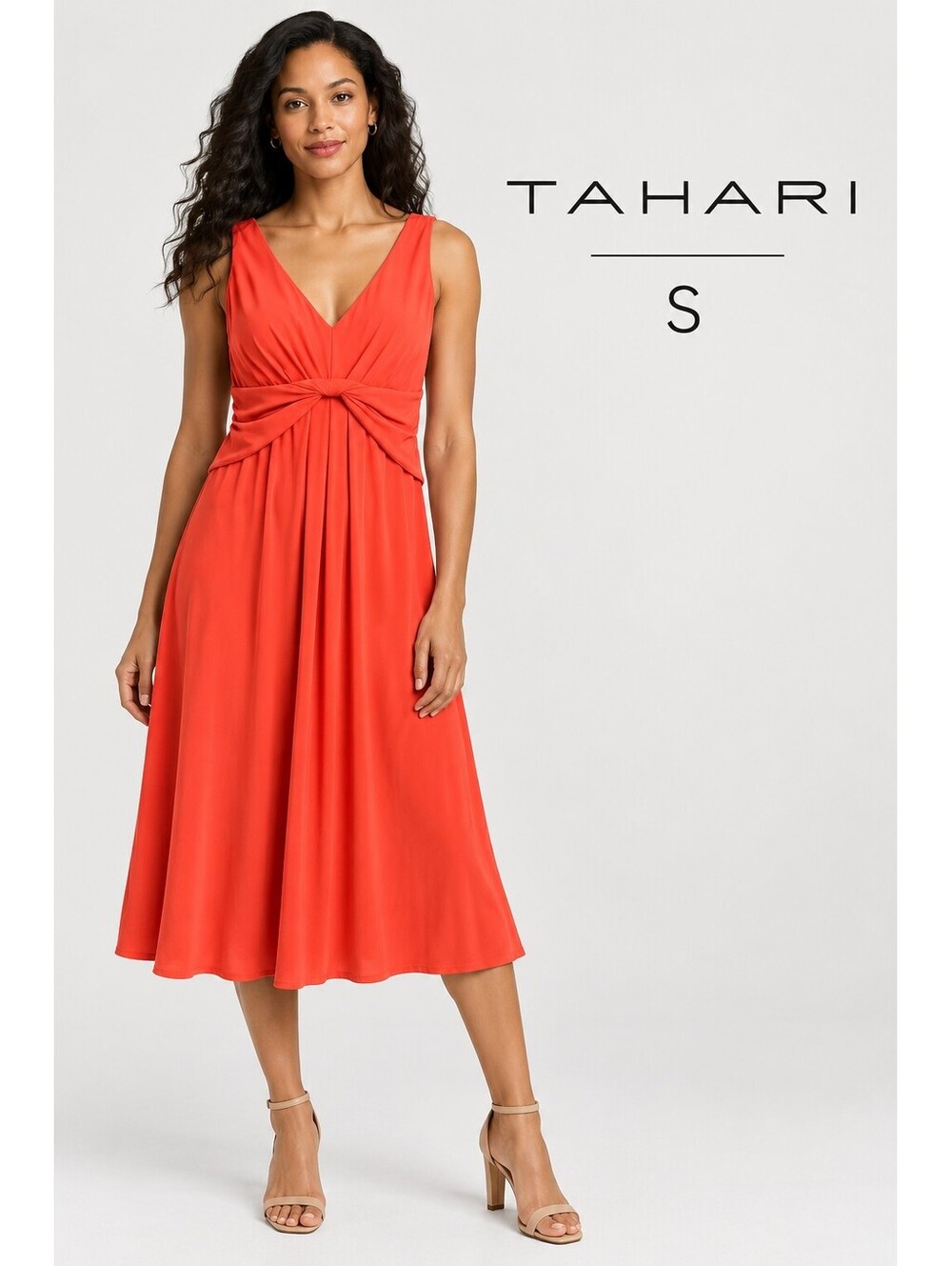 Tahari | S | Coral Ruched V-Neck Dress